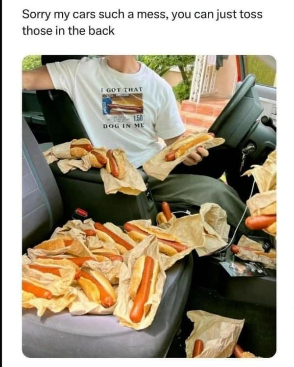 A cursed classic meme photo showing a car's passenger seat completely filled with unwrapped hot dogs.