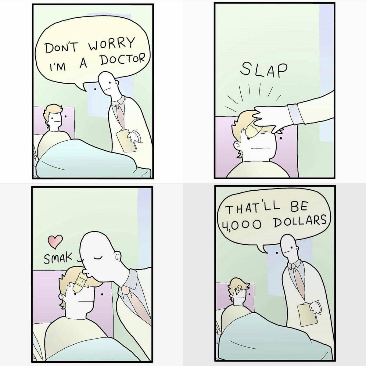 A classic meme comic strip satirizing the high cost of American healthcare.