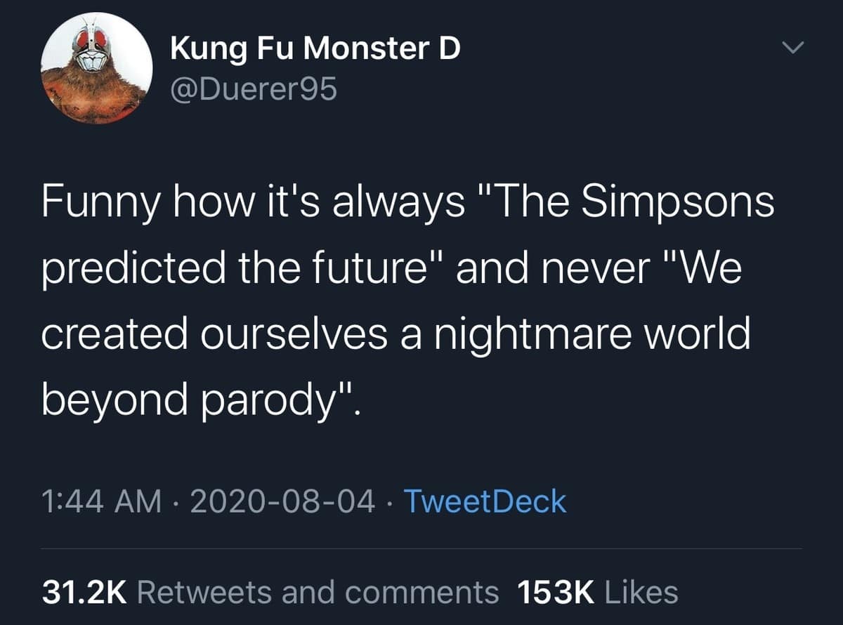 A classic meme of a viral tweet offering a dark perspective on "The Simpsons predicted the future."