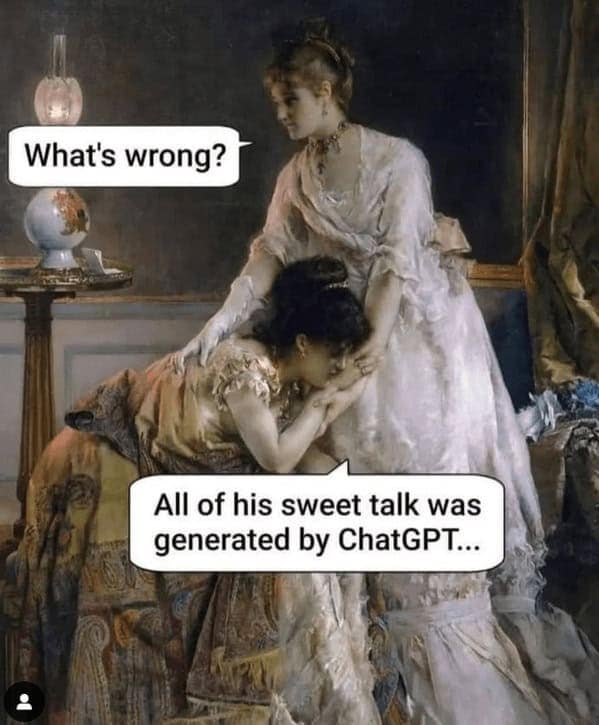 A classical art meme about a woman crying because a man's sweet talk was generated by ChatGPT.