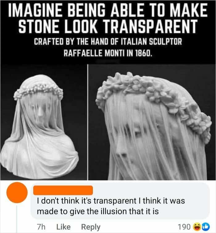 A confidently incorrect commenter explaining that a statue with a veil is an illusion, not actually transparent.