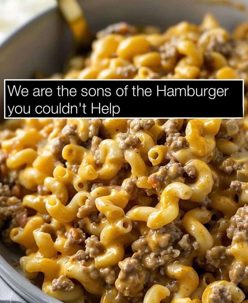 A close-up photo of Hamburger Helper macaroni with a Fight Club quote edited over it.