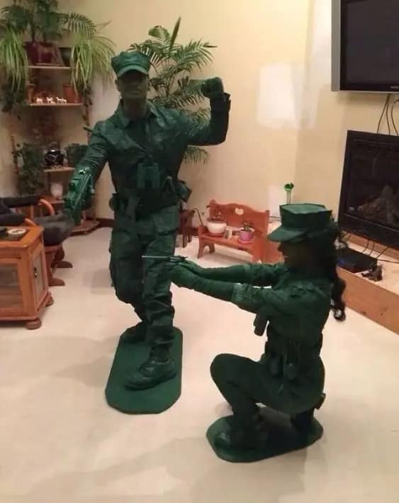 An amazing DIY couples halloween costume of the green army men from Toy Story.