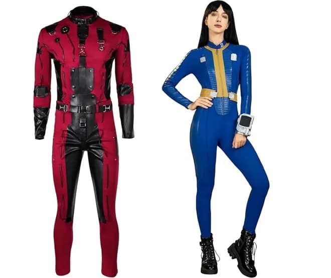 A pop culture couples halloween costume idea featuring Deadpool and a Fallout Vault Dweller.