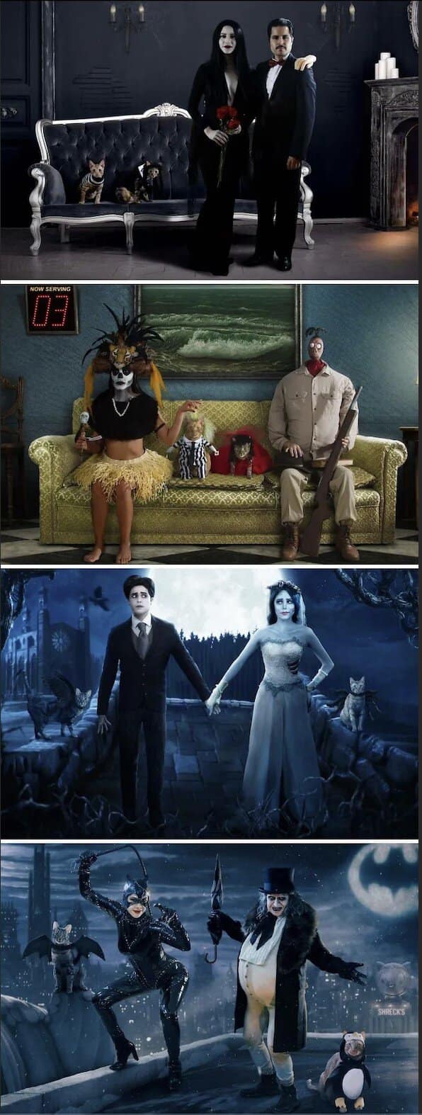 A couple's amazing recreations of iconic Tim Burton movie scenes for creative Halloween costumes.