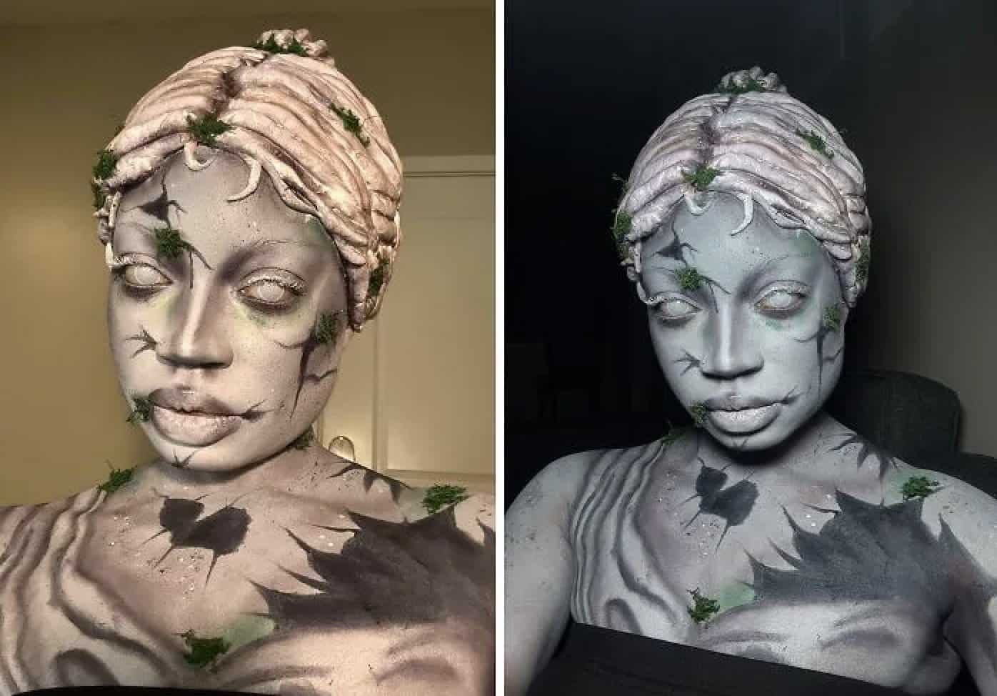 Impressive makeup transforming a person into a weathered, cracked stone statue with moss accents.
