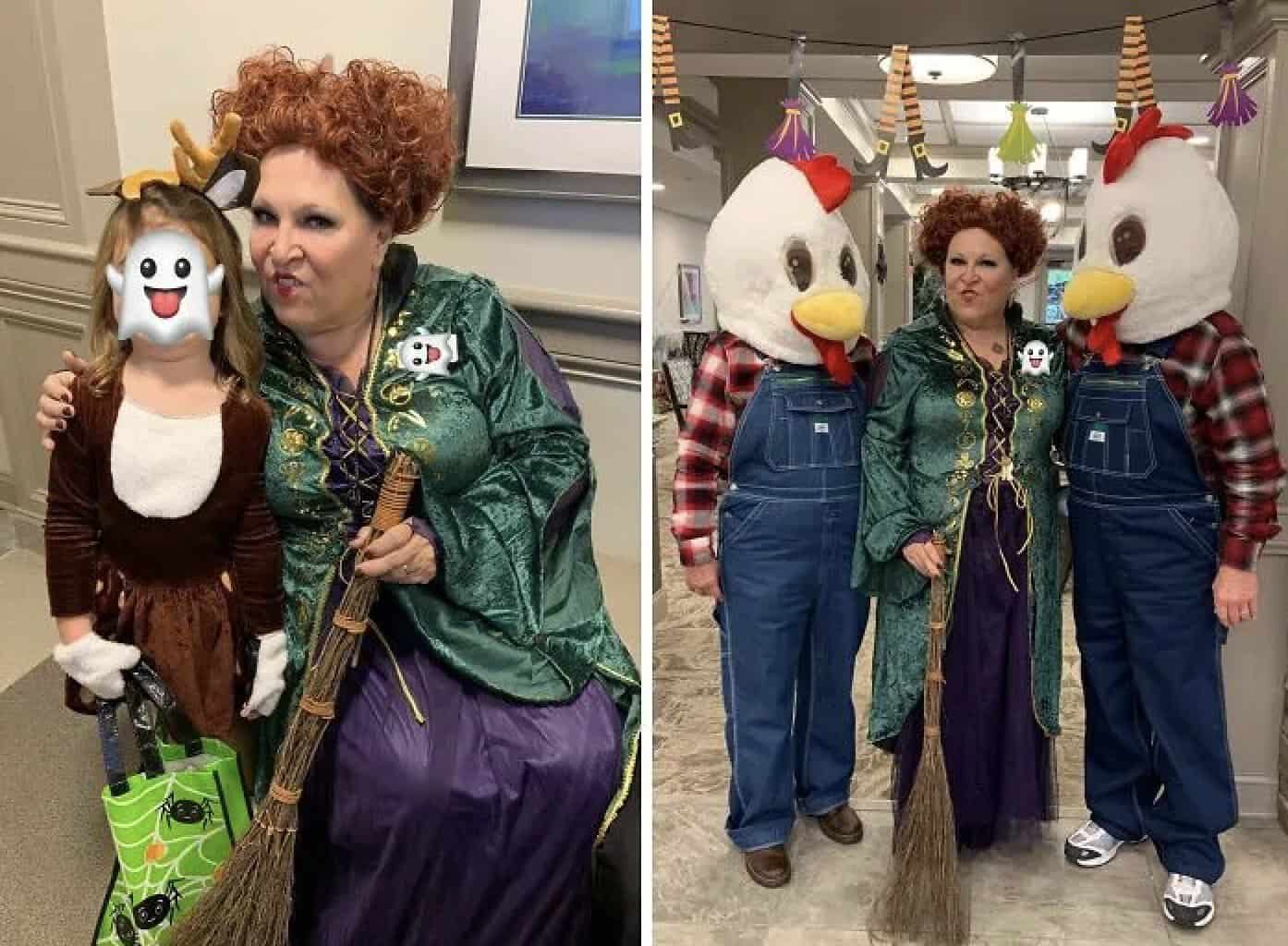 A woman dressed as Winifred Sanderson from Hocus Pocus posing with someone in a giant chicken costume.