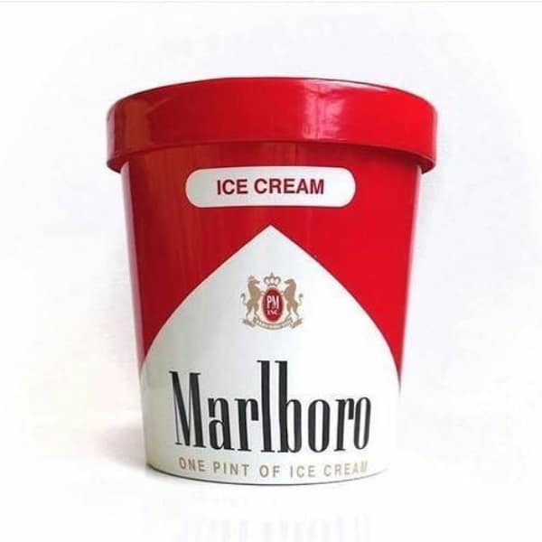A cursed image of a photoshopped pint of ice cream with the branding of Marlboro cigarettes.
