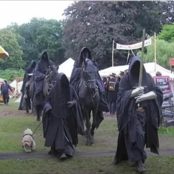 A cursed image showing people in Lord of the Rings Nazgûl costumes casually walking a small, fluffy dog on a leash.