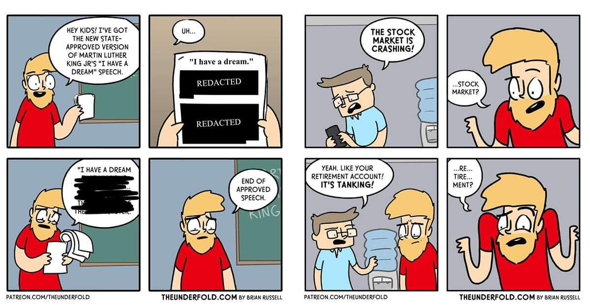 A collection of Brian Russell's dark humor comics tackling political and social satire.