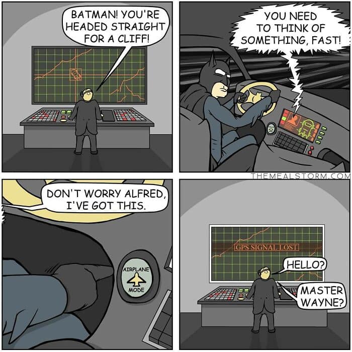 A funny comic strip showing Batman avoiding a cliff by putting the Batmobile in airplane mode to ignore Alfred.