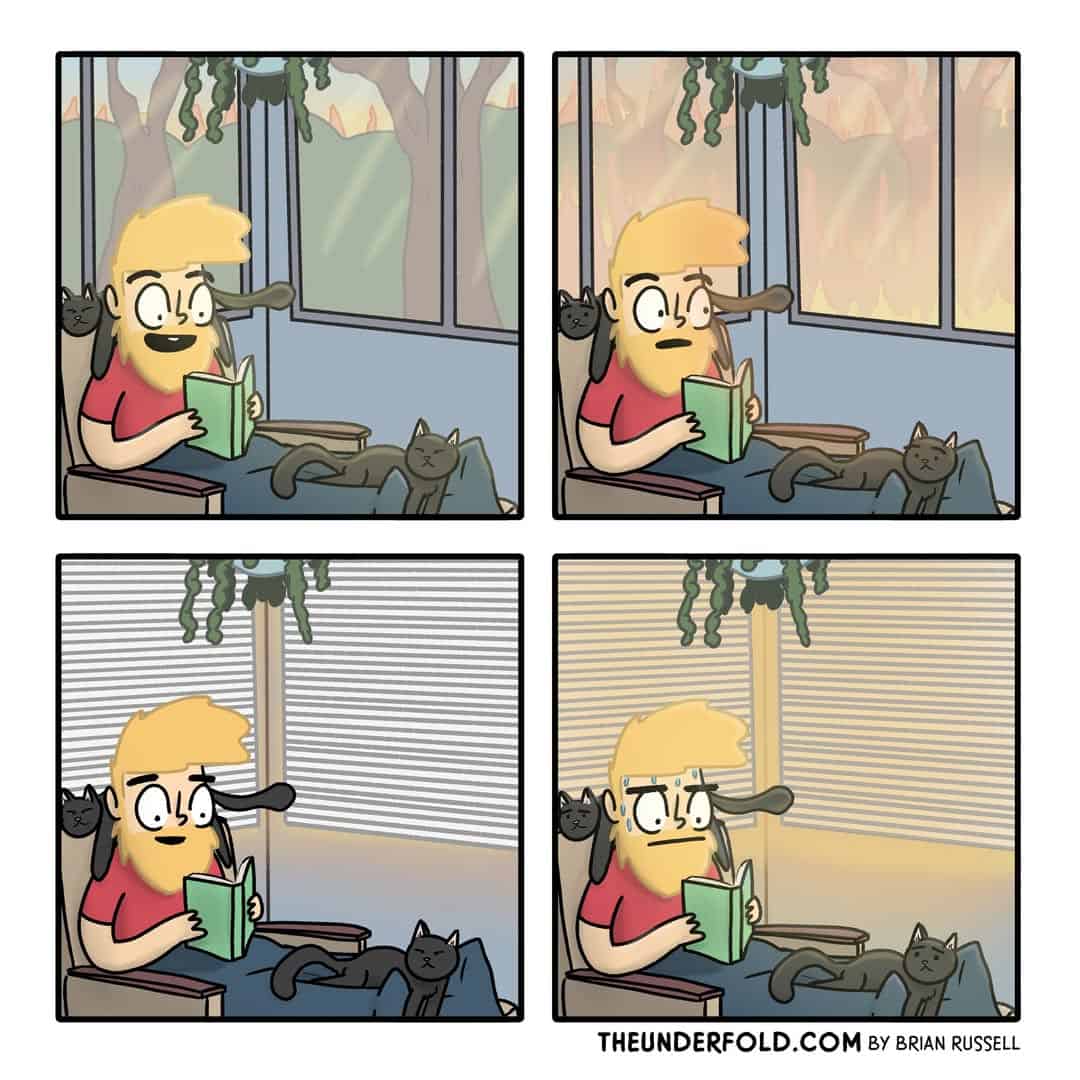A dark humor comic showing a man ignoring a worsening apocalyptic fire outside.