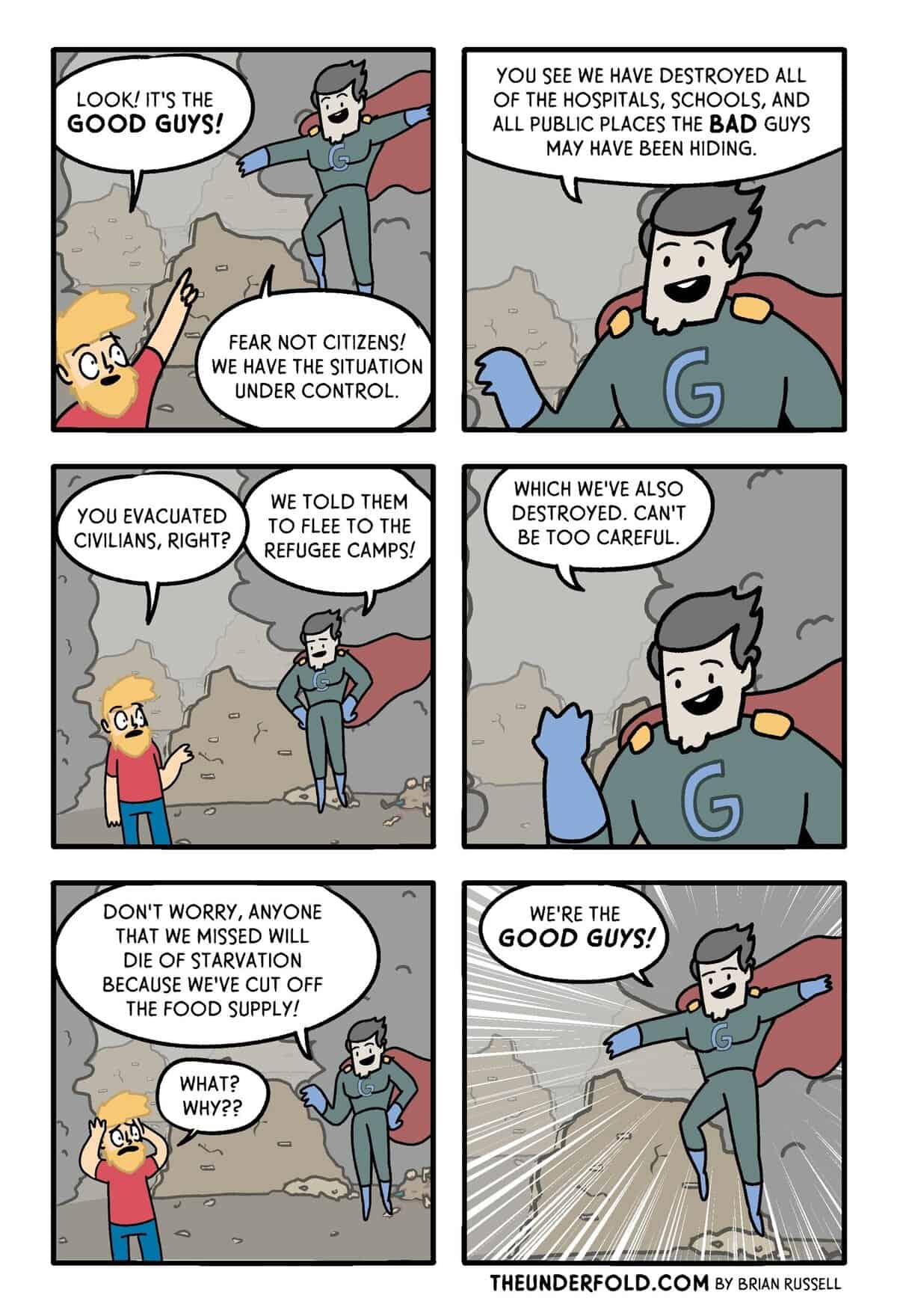 A dark humor comic featuring a "Good Guy" superhero causing widespread destruction.