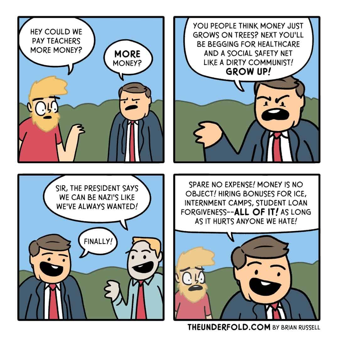 A dark humor comic showing a politician refusing social spending but splurging on hate.