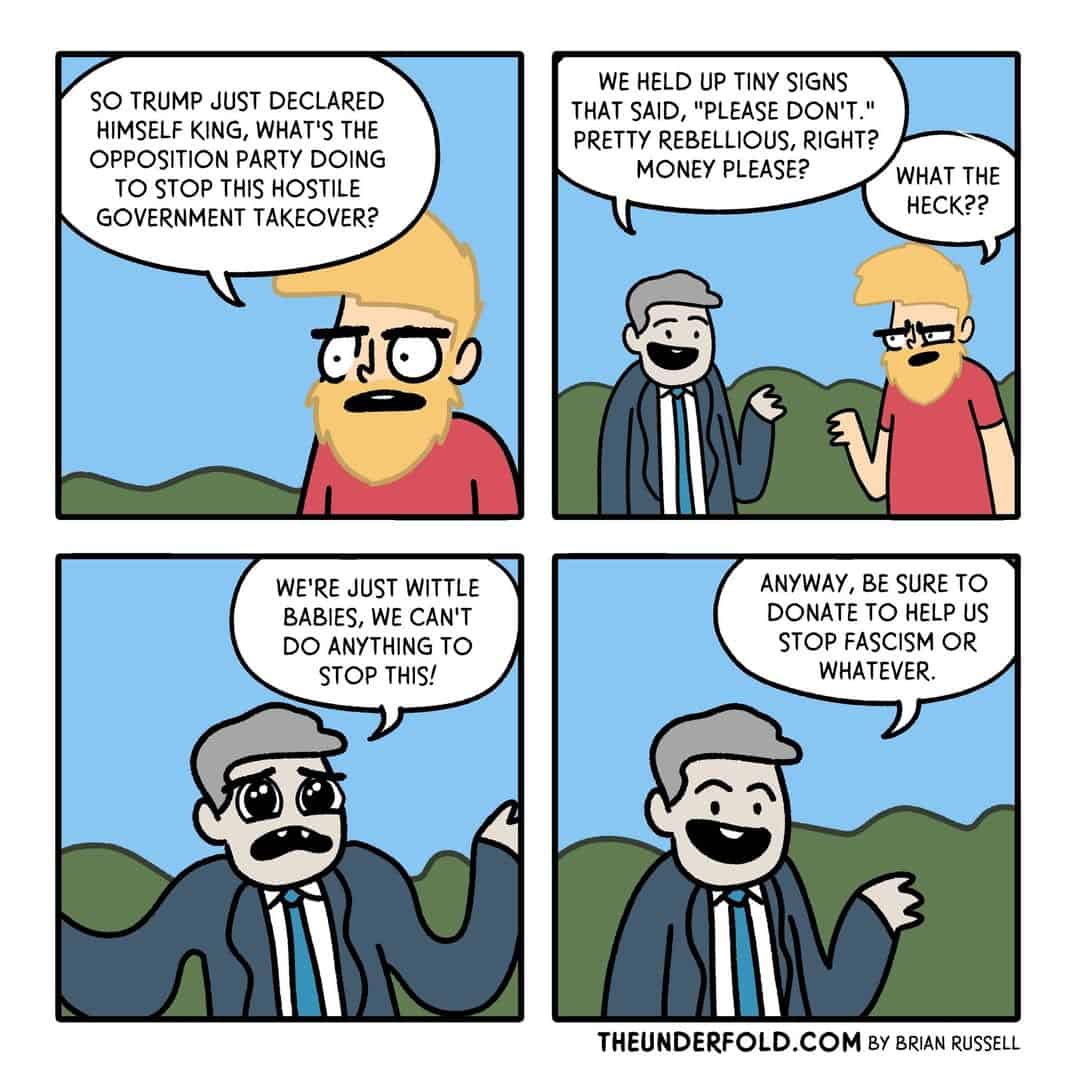 A dark humor comic mocking the opposition party's weak response to a "hostile takeover."