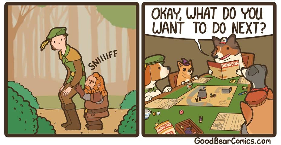 A funny dark humor comic that reveals a Dungeons & Dragons game run by dogs.