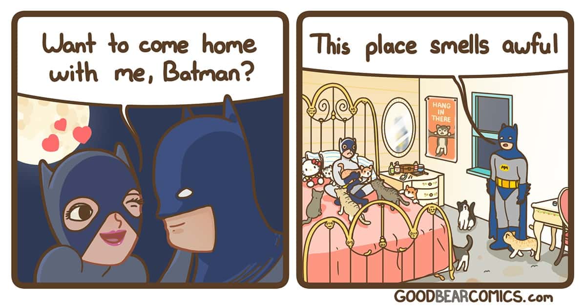 A funny dark humor comic where Batman discovers that Catwoman's apartment smells awful.