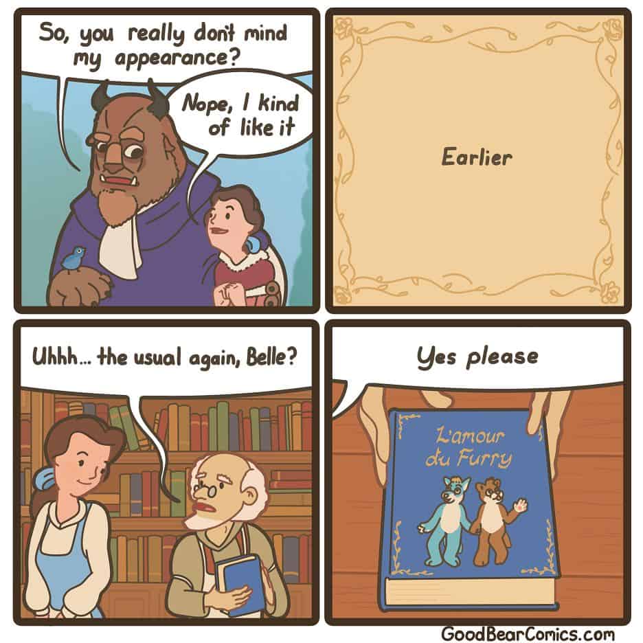 A dark humor comic from Good Bear Comics revealing Belle from 'Beauty and the Beast' is a furry