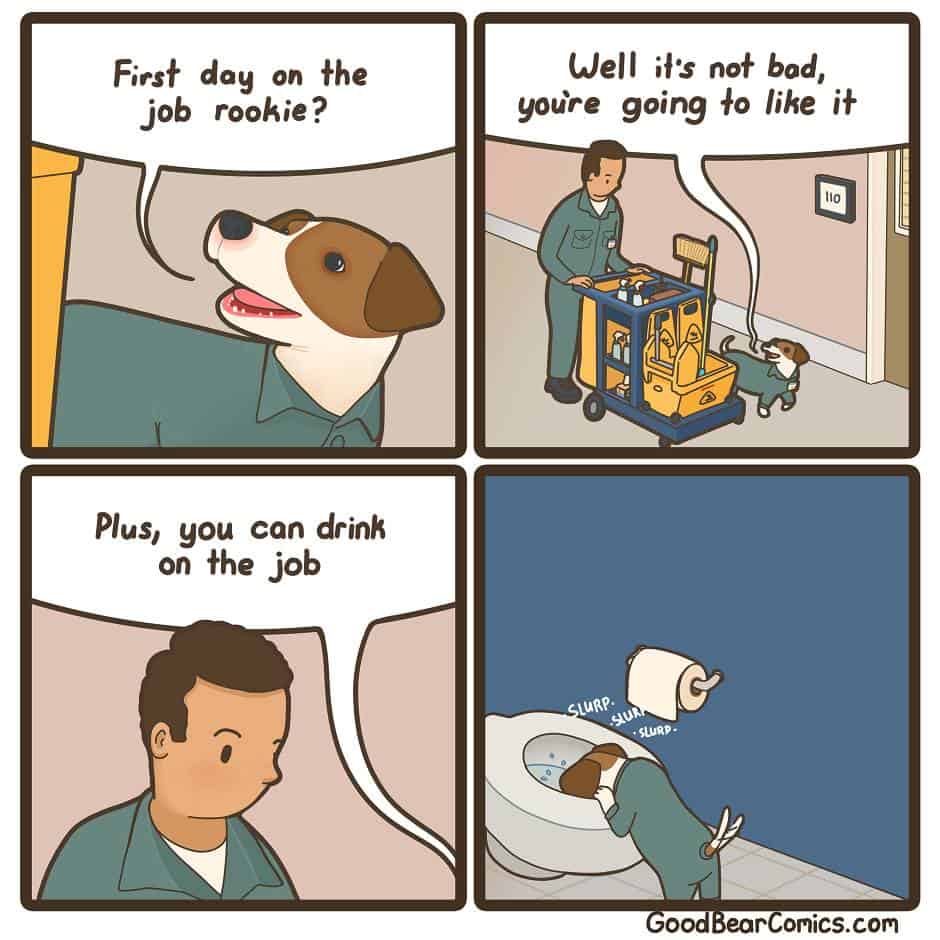 A funny dark humor comic about the gross perks of being a janitor's dog assistant.