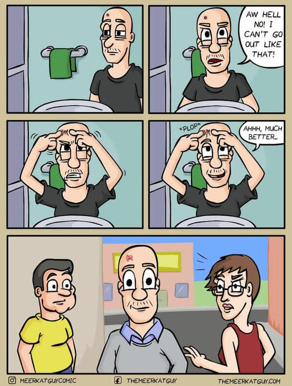 A funny dark humor comic showing a man moving a pimple to hide it under his hairline.