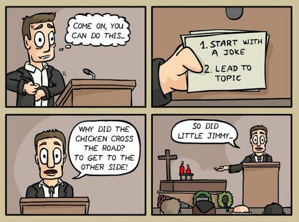 A dark humor comic showing someone telling the 'chicken crossing the road' joke at a funeral.