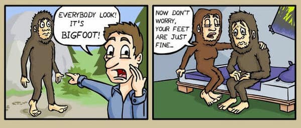 A funny dark humor comic revealing Bigfoot is self-conscious about his famously large feet.
