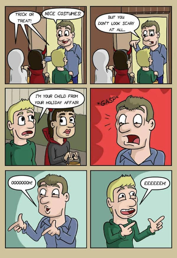 A Halloween dark humor comic where a trick-or-treater scares an adult by claiming to be his affair child.