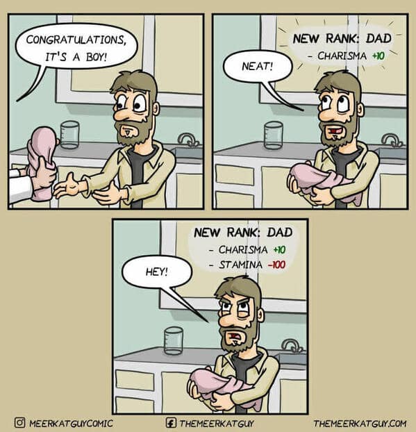 A funny dark humor comic framing becoming a new dad in terms of RPG stat changes (+Charisma, -Stamina).