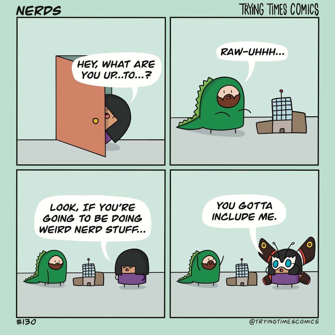 A wholesome comic strip about a supportive partner who wants to be included in "weird nerd stuff."