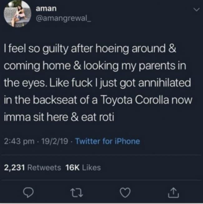A funny dirty meme about the guilt of coming home to your parents after "hoeing around."