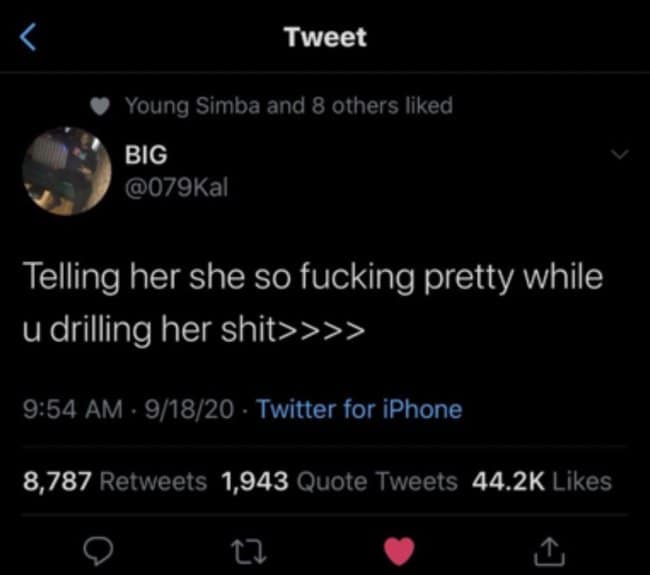 A dirty meme tweet about the importance of complimenting your partner during intimate moments.