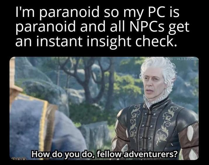 A D&D meme using the "fellow kids" format with Astarion from Baldur's Gate 3 to represent a paranoid player.