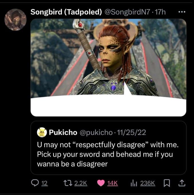 A dnd meme using a picture of Lae'zel from Baldur's Gate 3 to illustrate a tweet about wanting to be beheaded instead of "respectfully disagreeing."