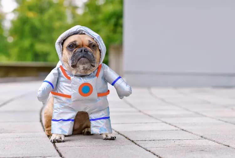 A funny dog Halloween costume of a pug with a serious expression, wearing a silver astronaut suit.