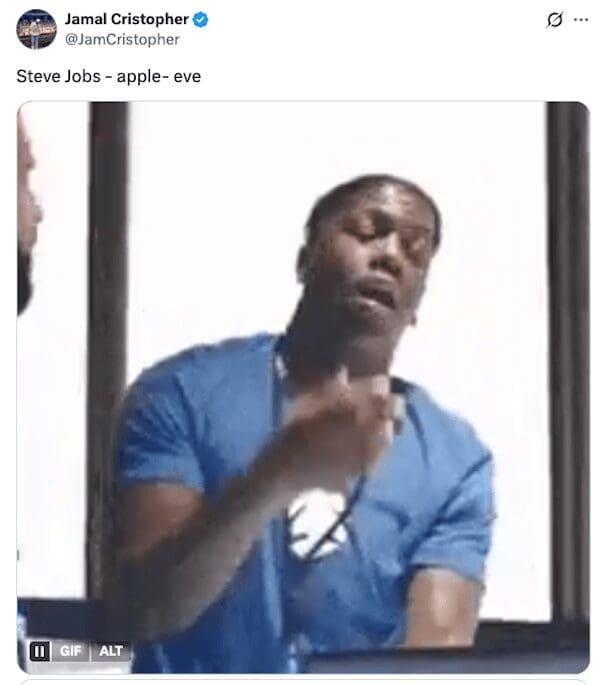An Eve Jobs meme using a GIF to make the conspiratorial connection between "Steve Jobs," "apple," and "Eve."