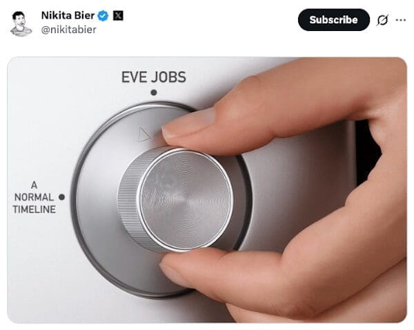 An Eve Jobs meme showing a dial being turned from "A NORMAL TIMELINE" to "EVE JOBS."