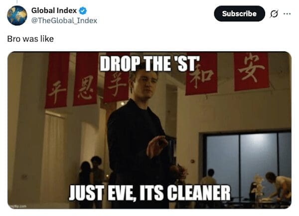 An Eve Jobs meme using a quote from The Social Network, "Just Eve, it's cleaner," to joke about her name.