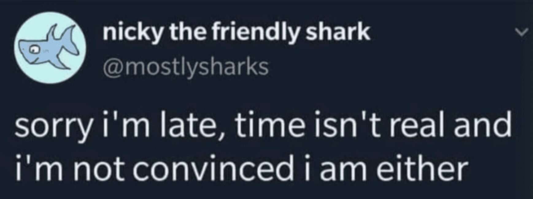 Funny existential meme tweet offering a unique excuse for being late based on the nature of time and self.
