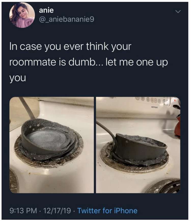 A tweet showing a plastic electric kettle completely melted onto an electric stovetop burner coil.