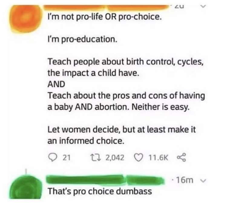 A tweet where someone perfectly describes the pro-choice position while claiming not to be pro-choice.
