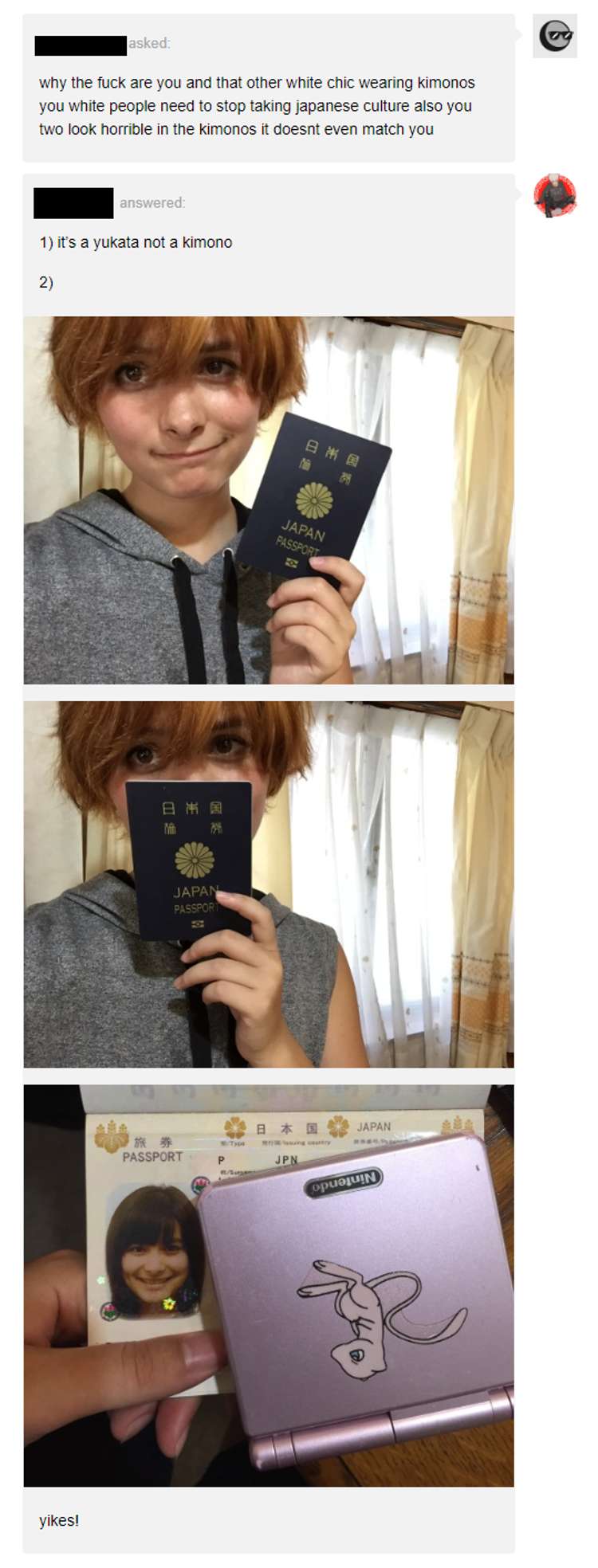 A person accused of cultural appropriation responds by showing their Japanese passport, an epic facepalm moment.