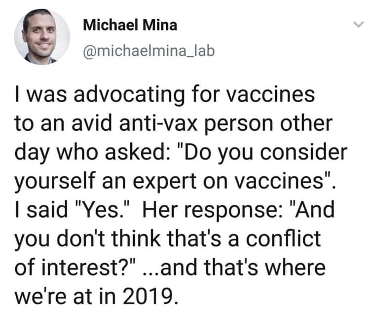 A tweet about an anti-vaxxer asking if being an expert on a topic is a conflict of interest