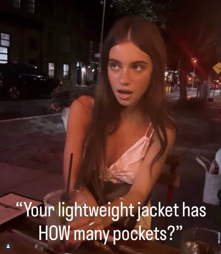 Surprised woman meme questioning the number of pockets in a lightweight fall fashion jacket.