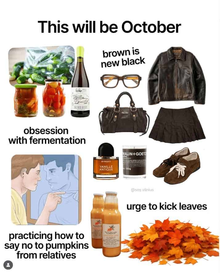 October mood board meme predicting fall fashion trends like brown leather jackets alongside seasonal activities.