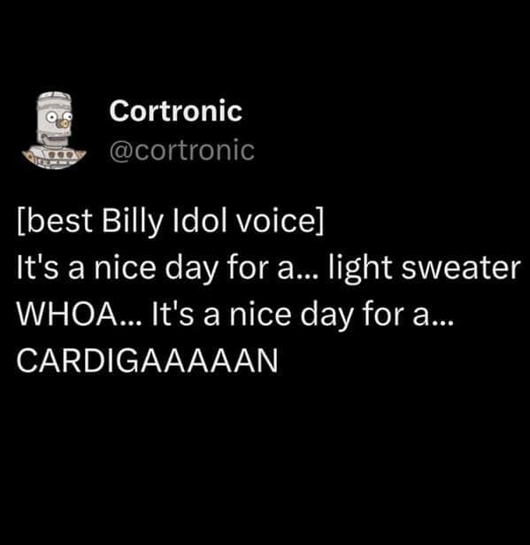 Funny fall fashion tweet parodying Billy Idol's "White Wedding" lyrics about choosing sweaters or cardigans.