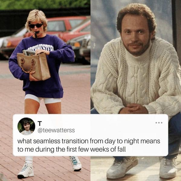 A meme comparing the day-to-night fall transition to Princess Diana and Billy Crystal's outfits.