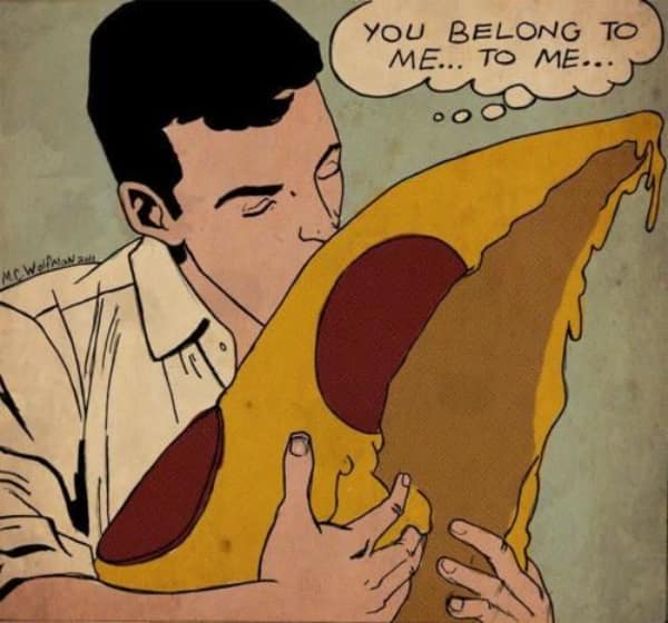 A food meme in a retro comic style showing a man lovingly hugging a giant slice of pizza.