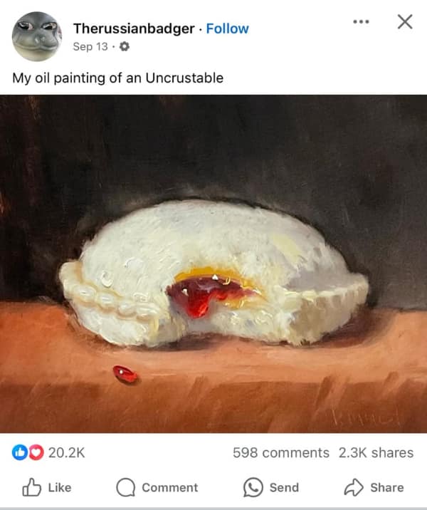 A food meme of a beautiful, classical-style oil painting of a half-eaten Uncrustables sandwich.