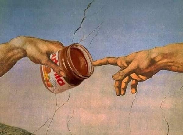 A food meme photoshopping a jar of Nutella into Michelangelo's "The Creation of Adam" painting.
