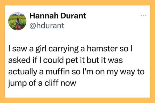 A hilarious tweet about a user who tried to pet a hamster that turned out to be a muffin.